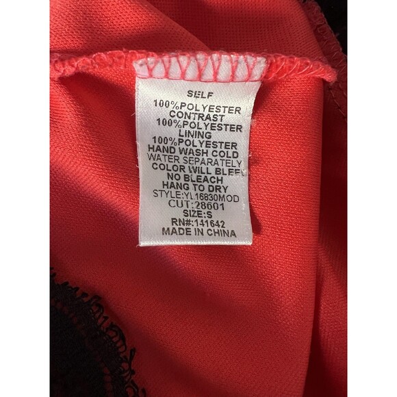 Festive Red Sheath Dress with Black Lace Trim Cross Back Flutter Sleeve Chiffon - Picture 6 of 6